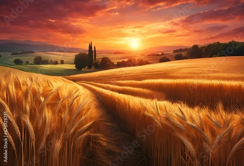 AI generated illustration of a picturesque view of a wheat field illuminated by a golden sunset