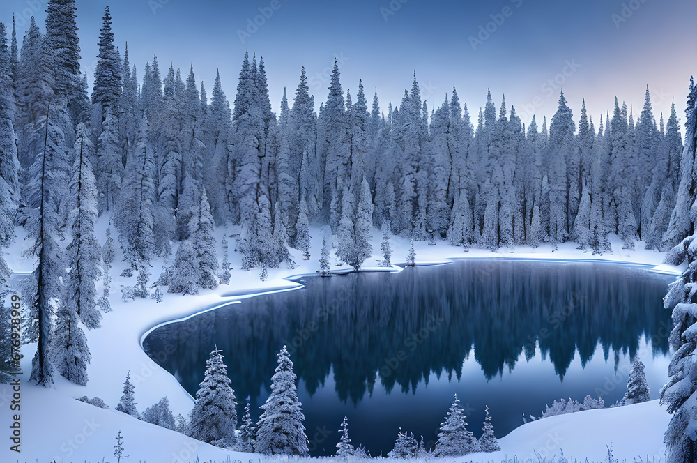 Winter forest landscape, river trees, snowy atmospheric beautiful trees, Generative AI