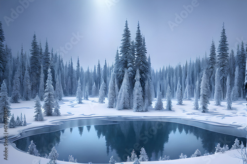 Winter forest landscape, river trees, snowy atmospheric beautiful trees, Generative AI