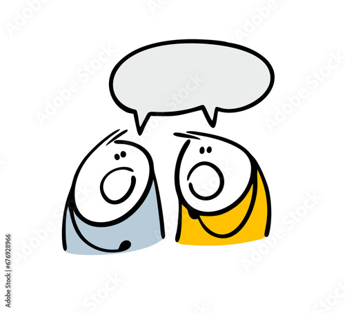 Two stickman talk, synchronously open their mouths. Vector illustration of cartoon characters and text bubble. Comics persons for a conversation.