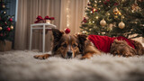 Cachorro com roupa de natal deitado com uma árvore natalina no fundo
