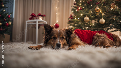 Cachorro com roupa de natal deitado com uma árvore natalina no fundo photo