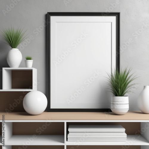 empty frame in a Design home interior of living room with stylish decoration for mock up poster frame. Stylish home decor. Template. Gray walls