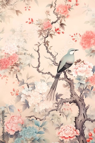 A beautiful asian, chinese art painting. Blossoming gardens, trees and birds. Beautiful asian landscape © serdjo13