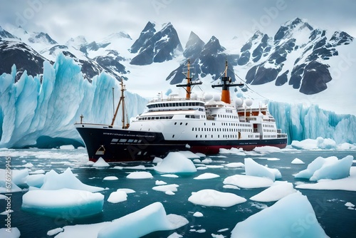 A ship surrounded by icy waters and snow-capped waves, highlighting the adventurous spirit of an Arctic exploration