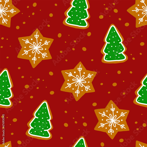 Seamless pattern cookies gingerbread in shape of star and snowflake and Christmas tree with sugar glazed in a cartoon style. Homemade dessert