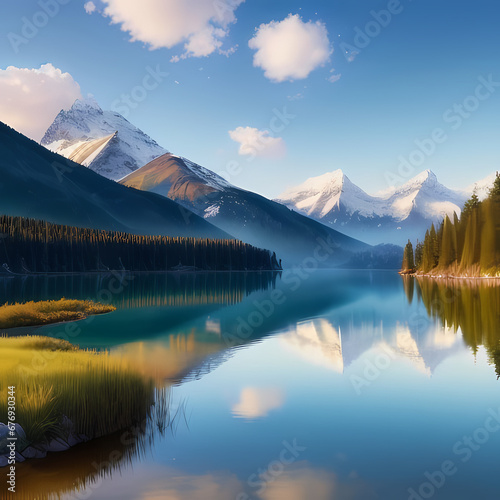 a tranquil scene of a calm lake surrounded by mountains  Generative Ai