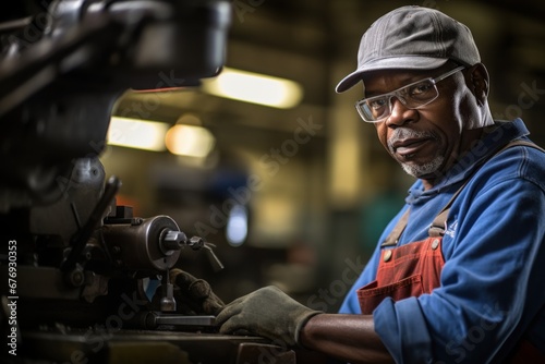 A skilled African American worker operating a vintage lathe machine in a factory