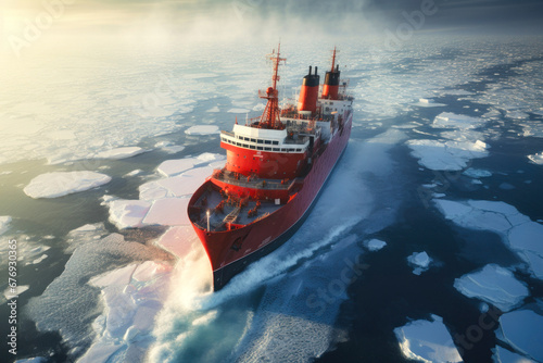 ship sails through the ice of the Arctic Ocean, polar night,nort photo