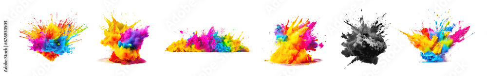 Powerful explosion of colorful rainbow holi powder on transparent background. Colorful splash. Collection of saturated paint backdrops, powder splash.