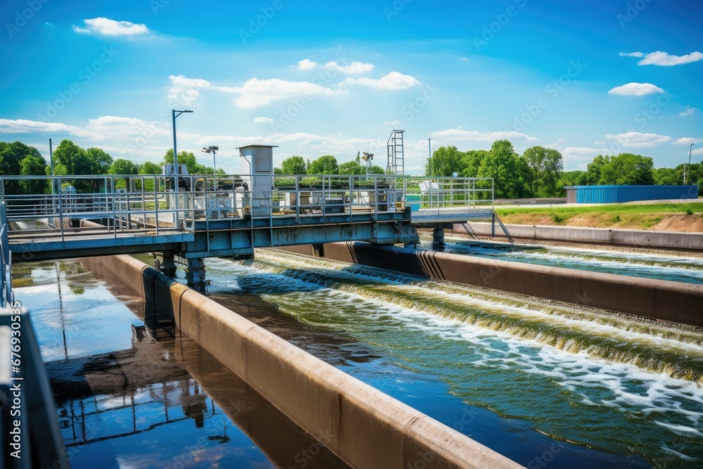A bridge over a large body of water at a wastewater treatment plant