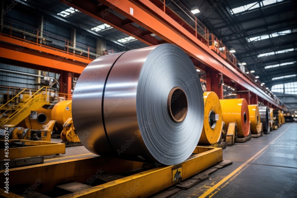 Rolls of cold rolled steel on a conveyor belt inside a factory warehouse Rolls of cold rolled steel on a conveyor belt inside a factory warehouse