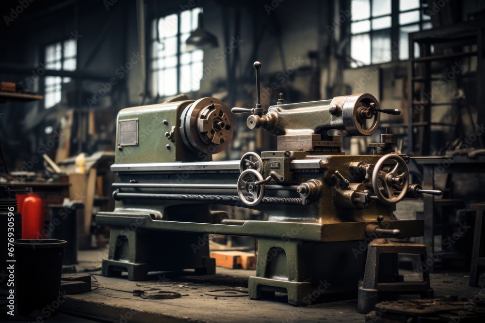 Fototapeta premium An old-fashioned lathe positioned on a worktable inside a manufacturing facility