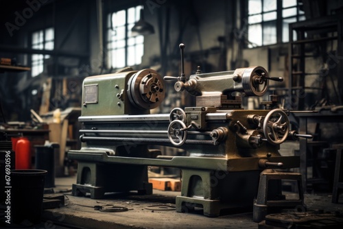 An old-fashioned lathe positioned on a worktable inside a manufacturing facility