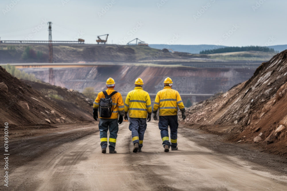 Two workers in yellow jackets walking down a dirt road at a mining quarry Two workers in yellow jackets walking down a dirt road at a mining quarry