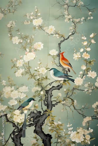 A beautiful asian, chinese art painting. Blossoming gardens, trees and birds. Beautiful asian landscape
