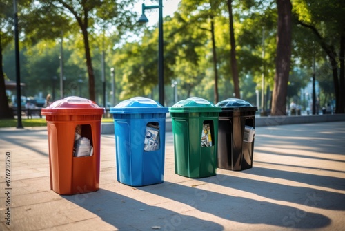 A row of trash cans on the side of a road, promoting environmental consciousness and waste separation photo