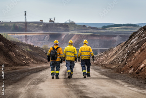 Two workers in yellow jackets walking down a dirt road at a mining quarry
