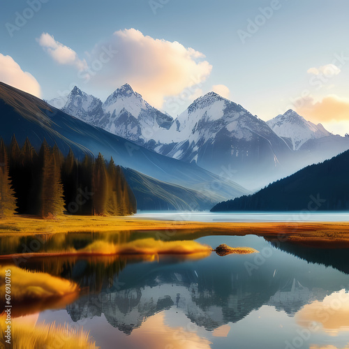 a tranquil scene of a calm lake surrounded by mountains ,Generative Ai