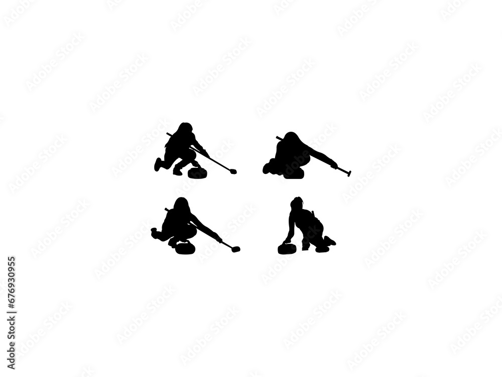 Set of Woman Curling Player Silhouette in various poses isolated on white background Set of Woman Curling Player Silhouette in various poses isolated on white background
