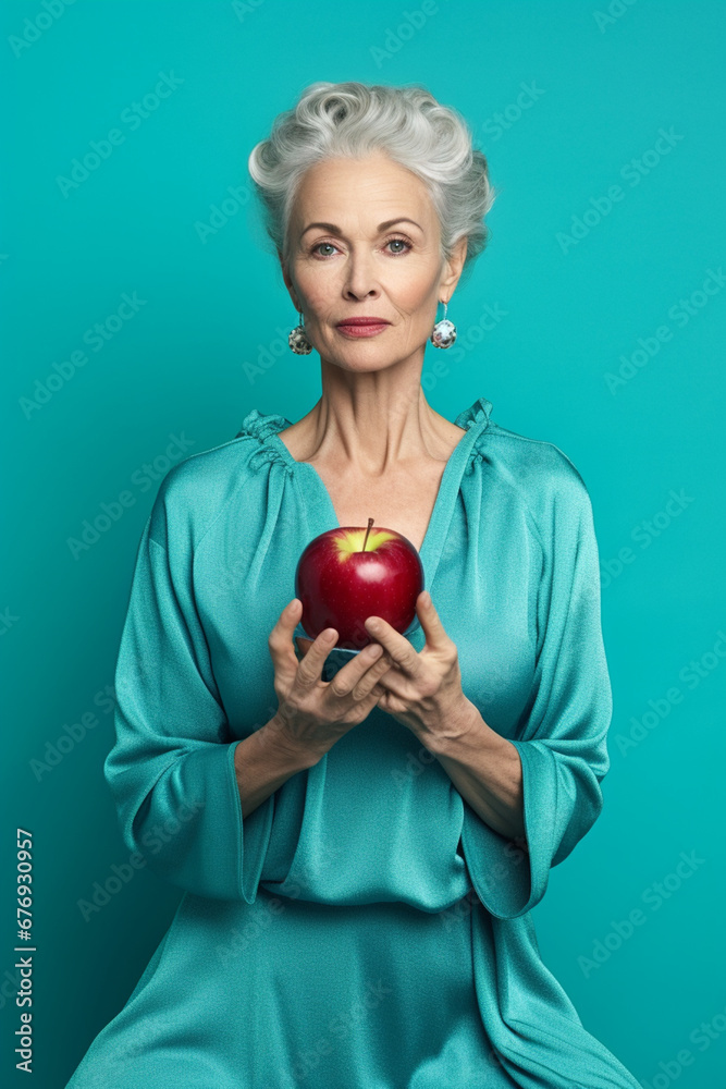 Smiling Mature Lady Holds an Apple, Portrait Against a Turquoise Backdrop, AI generated Smiling Mature Lady Holds an Apple, Portrait Against a Turquoise Backdrop, AI generated