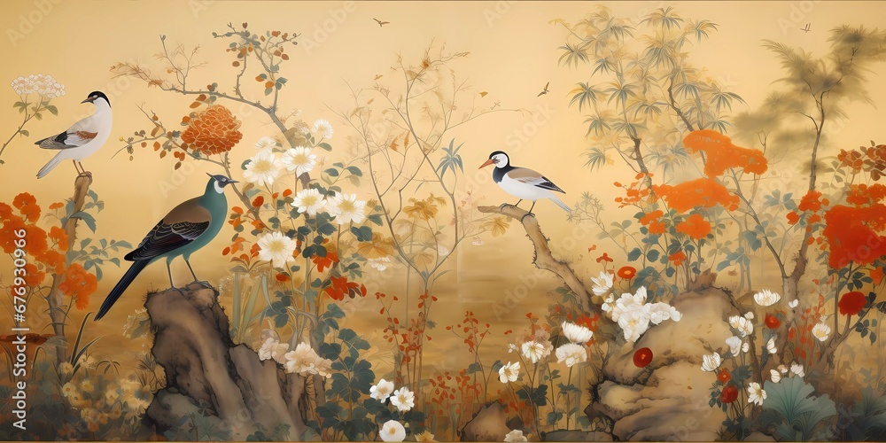 custom made wallpaper toronto digitalA beautiful asian, chinese art painting. Blossoming gardens, trees and birds. Beautiful asian landscape