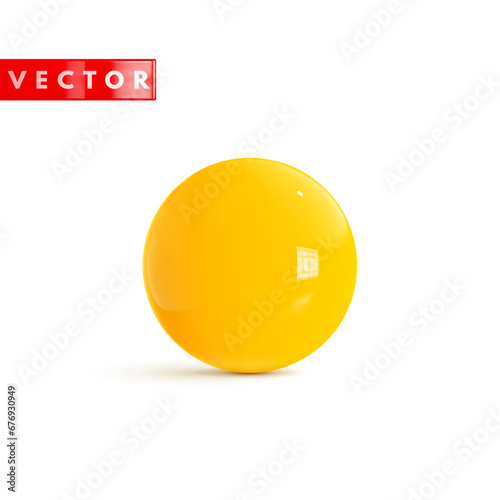 Glossy yellow 3d round sphere realistic style rendering. Yellow cartoon plastic ball isolated on white background. Vector illustration