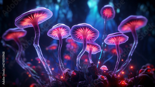glowing neon mushrooms rod. ai generative
