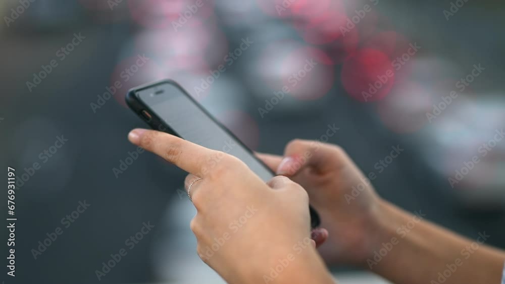 City, woman and cellphone with closeup, typing and connection with mobile user, digital app and contact. Person, outdoor or girl with a smartphone, network or search internet with website information City, woman and cellphone with closeup, typing and connection with mobile user, digital app and contact. Person, outdoor or girl with a smartphone, network or search internet with website information