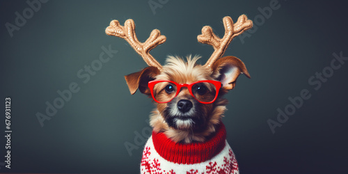 dog in a knitted winter Christmas sweater. ai generative