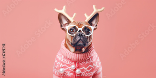 dog in a knitted winter Christmas sweater. ai generative © Oleksandr