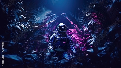 Futuristic neon background. Cosmonaut tropical leaves. Generation AI
