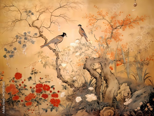 A beautiful asian, chinese art painting. Blossoming gardens, trees and birds. Beautiful asian landscape