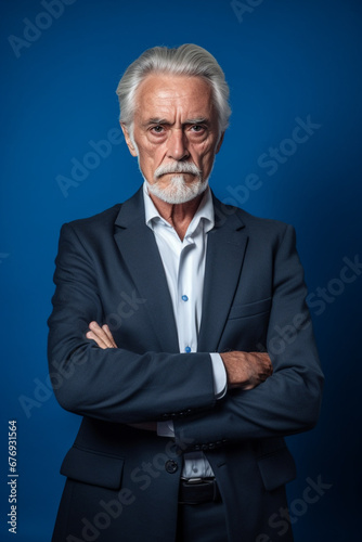 Older, Elegant Man in a Business Suit Poses Gracefully Against a Serene Blue Background, Symbolizing Timeless Sophistication and Authority, AI generated