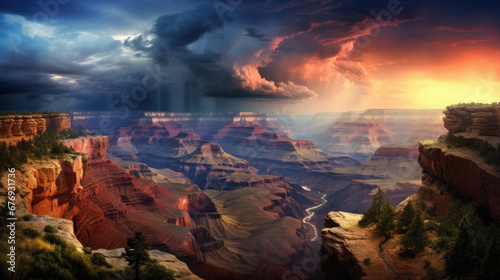 Dark storm clouds and rain in the Grand Canyon