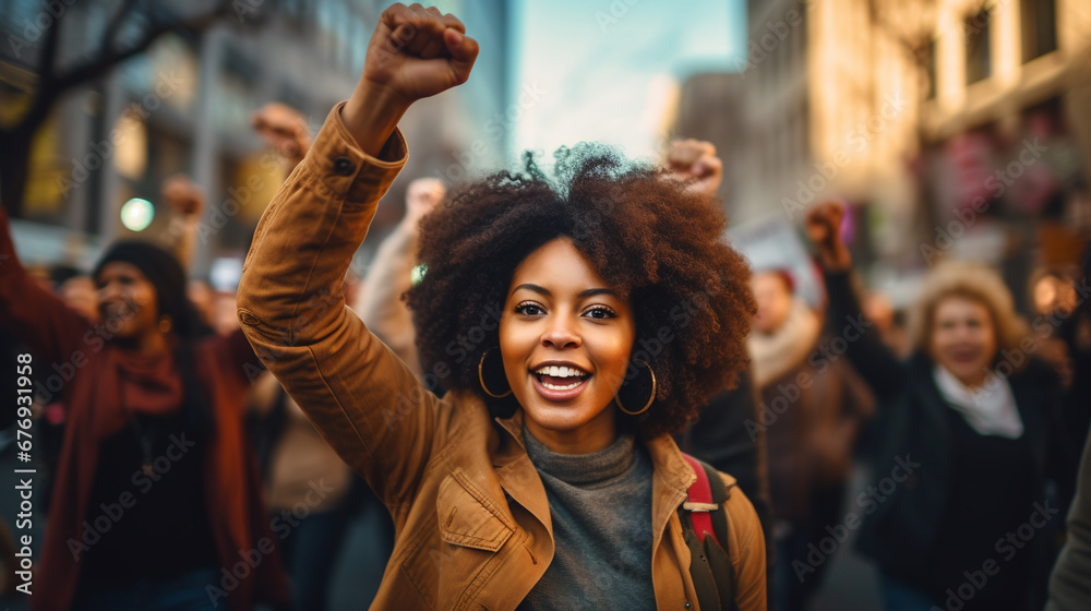 black woman raises her fist in the air and marches in protest with a group of people. ai generative black woman raises her fist in the air and marches in protest with a group of people. ai generative