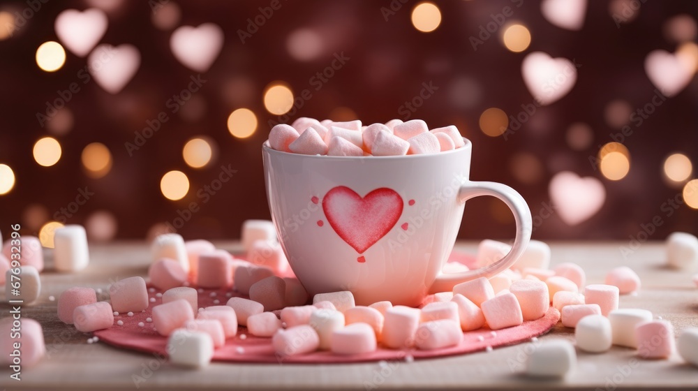 pink cup with hot chocolate and mini marshmallows, heart bokeh
pink cup with hot chocolate and mini marshmallows, heart bokeh