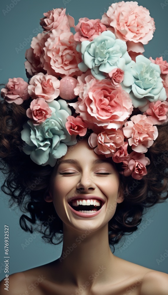 Cheerful and Stylish Woman with Flower Bouquet Hat, Radiating Joy on a Solid Background
