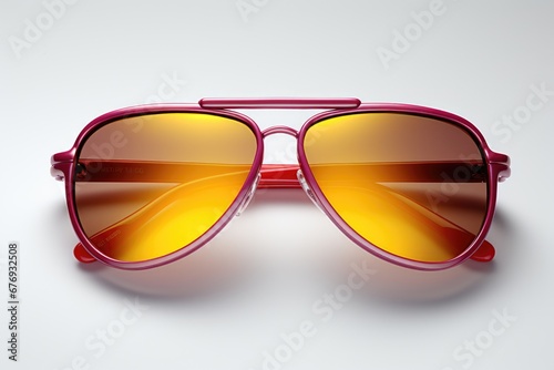 A pair of pink sunglasses with orange lenses.