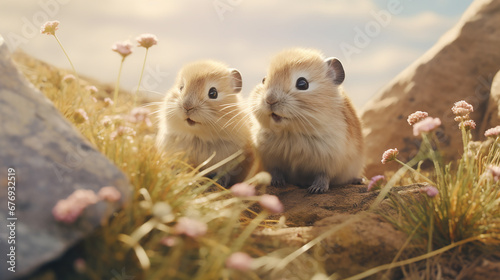 Two lemmings with pink flowers in background. Wildlife scene from nature. Animal in the nature habitat.