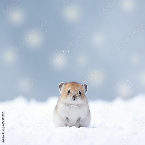 Close-up portrait of a lemming on the snow in winter. Wildlife scene from nature. Animal in the nature habitat. photo