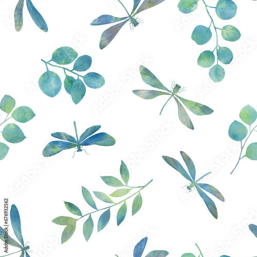 seamless abstract pattern  green color  abstraction of dragonflies and leaves  drawn in watercolor on a white background