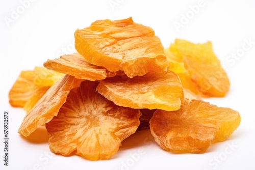 A pile of peeled oranges on a white surface.