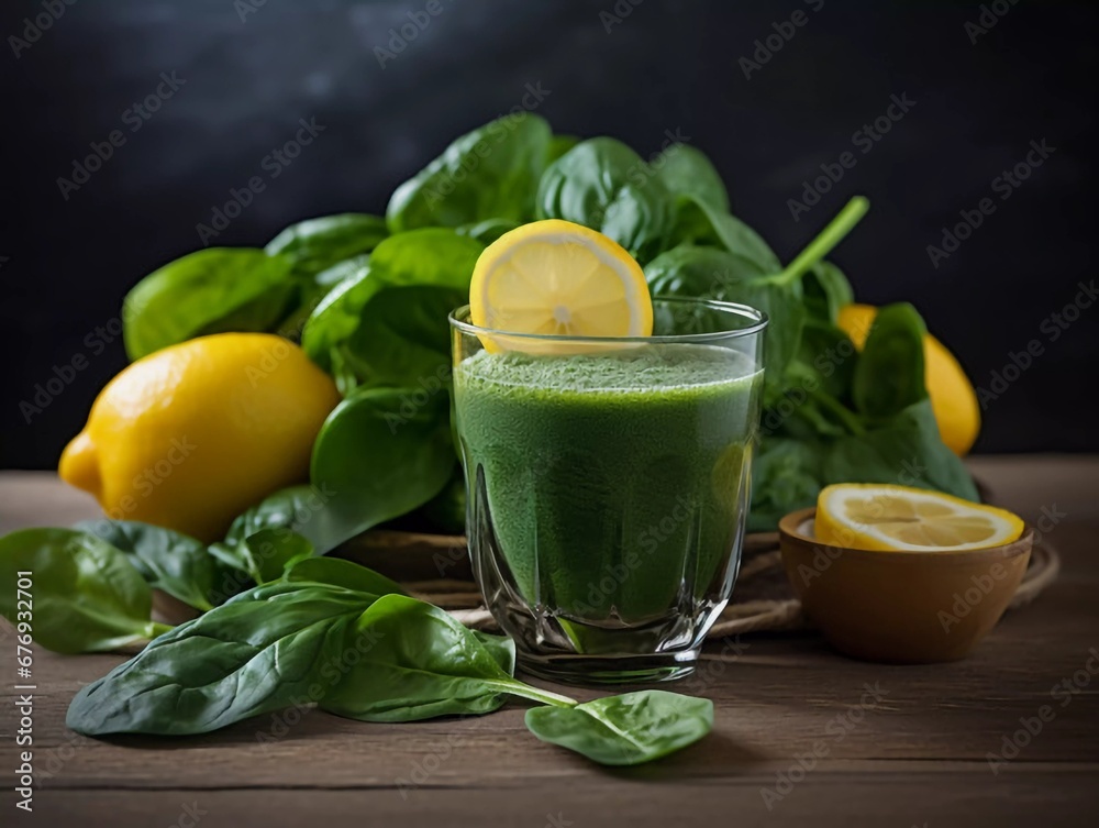 Fototapeta premium A fresh antioxidant drink, a bowl of spinach leaves and a slice of lemon on the table, AI generator