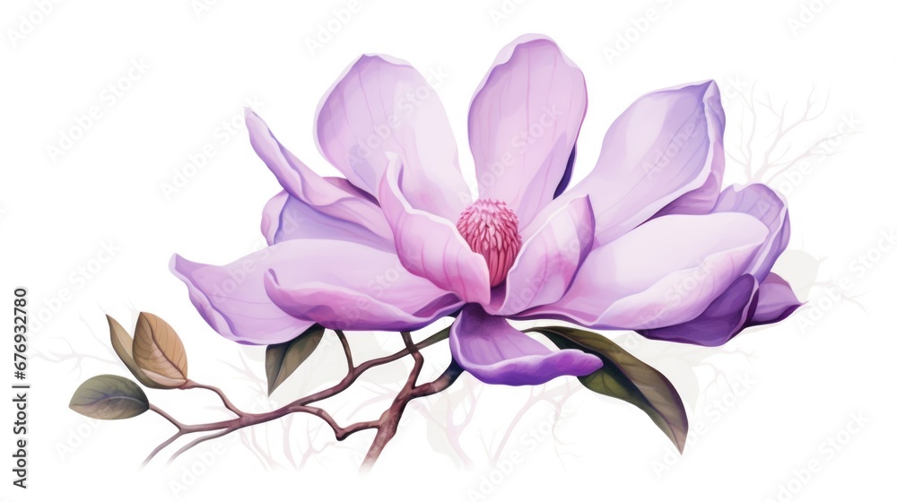 A painting of a purple flower on a white background. Magnolia flowers. A painting of a purple flower on a white background. Magnolia flowers.