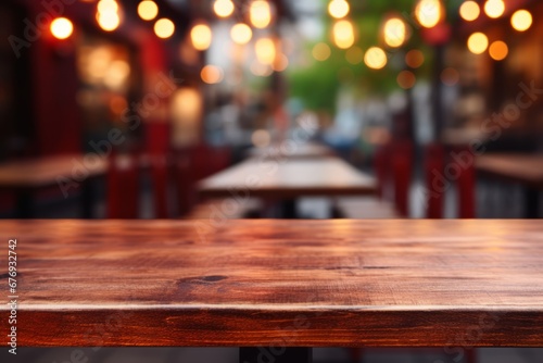 Empty Wood Table Top with Blur Bokeh Bar, Coffee Shop, Pub, Clean and Dark Interior