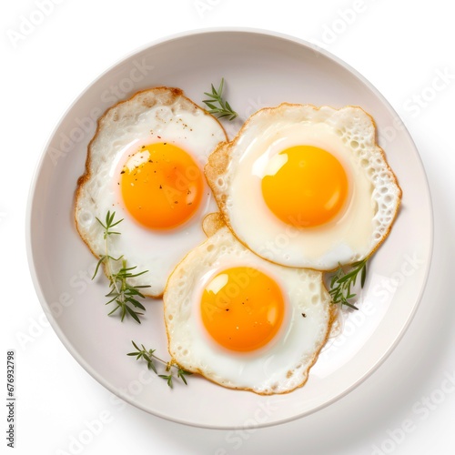 Top view of plate with fried eggs on white background.