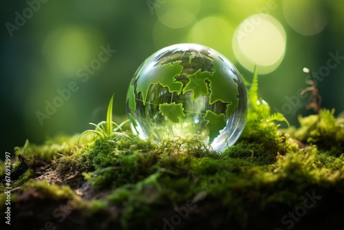 Earth Day Serenity. Green Globe Amidst Enchanting Forest  Moss  and Abstract Sunlight Bliss