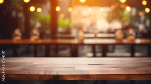 Wooden table in a restaurant opposite the window  bokeh city behind the glass  night view. Generation AI