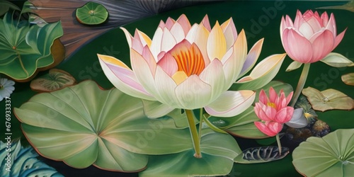 a painting of lotus flowers in a pond